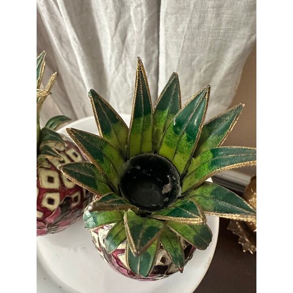 2 Vintage Cloisonné Enameled Pineapple Candlestick Holders Hollywood regency set - Picture 13 of 16